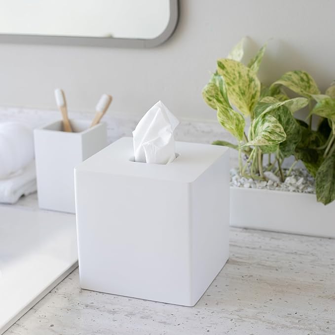 Yew Design Matte White Square Tissue Box Cover, Decorative Tissue Box Dispenser for Bathroom, Parlors, Office, Bedroom Dresser, Vanity Countertop, Nightstand, Car, and Desk
