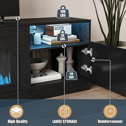 VITESSE TV Stand with 36" inch Electric Fireplace Up to 90" TVs, LED Light Entertainment Center, 80" Modern Wood High Gloss Fireplace with Highlight Storage Cabinet for Living Room (Black)