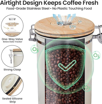 Veken Coffee Canister, 39OZ Large, Gifts For Women,Airtight Stainless Steel Food Storage Container for 2.2lbs Coffee Beans,Ground, Sugar, Tea, Flour, Cereal, Kitchen Bar Accessories,Scoop, Gift, Cream