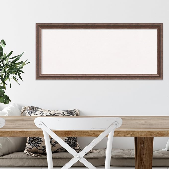 Amanti Art White Cork Board for Wall, 14x32 Vision Board with Brown Wood Frame, Medium Corkboard Office Decor for Home Organization, Country Rustic Corkboard Pinboard to Display Items for Home