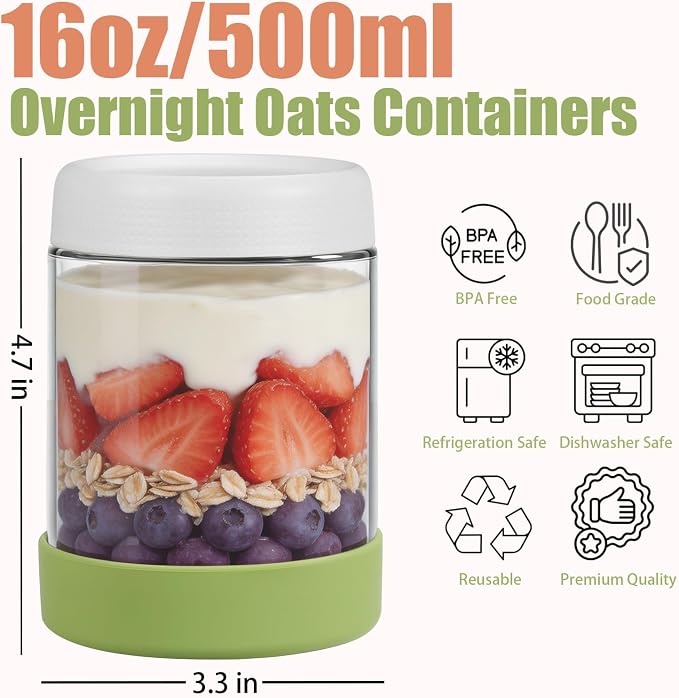JohnBee 6-Pack 16 oz Glass Overnight Oats Containers with Airtight Lids and Silicone Sleeves - Wide Mouth Jars for Salad, Yogurt, pickles, Snacks, Spice & Sugar - Leakproof Glass Food Storage Jars