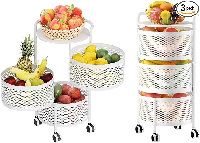 JAQ No Assembly Integrated Rotating Storage Cart, 3-Tier Rolling Storage Cart with Wheels, Solid Carbon Steel Onion Potato Storage, Kitchen Storage Cart, Vegetable Storage Cart, White