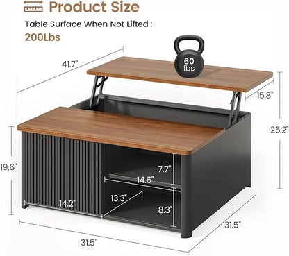 SEDETA 31.5" Lift Top Coffee Table with Storage, Square Coffee Tables for Living Room, Fluted Coffee Table with Large Hidden Storage Compartment and Adjustable Shelves, Fluted Black