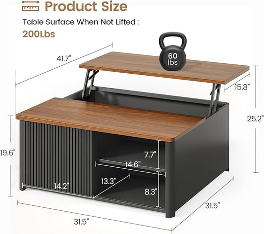 SEDETA 31.5" Lift Top Coffee Table with Storage, Square Coffee Tables for Living Room, Fluted Coffee Table with Large Hidden Storage Compartment and Adjustable Shelves, Fluted Black