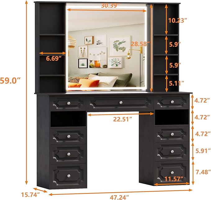 Makeup Vanity with 30" HD Lighted Mirror, 47" Large Vanity Desk with 9 Drawers & 10 Open Storage Shelves, Brightness Adjustable, Dressing Table for Bedroom, Women Girl (Black, B Panel)
