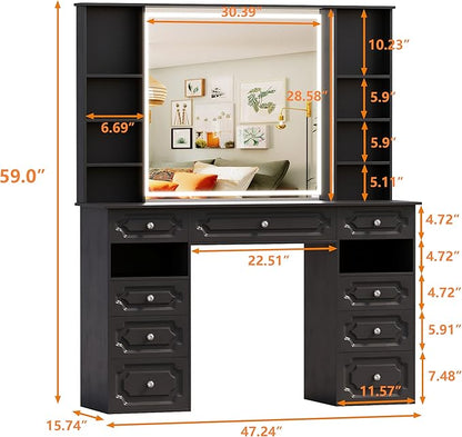 Makeup Vanity with 30" HD Lighted Mirror, 47" Large Vanity Desk with 9 Drawers & 10 Open Storage Shelves, Brightness Adjustable, Dressing Table for Bedroom, Women Girl (Black, B Panel)