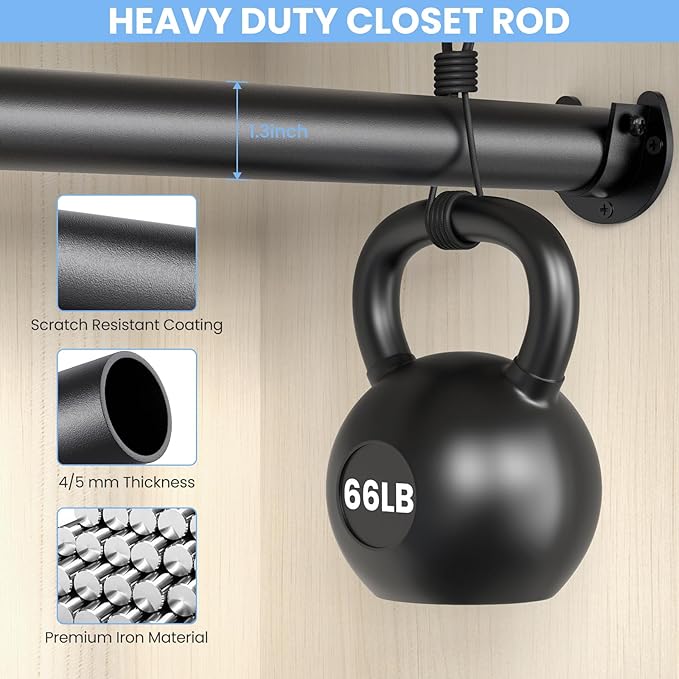 Closet Rods for Hanging Clothes, 17 to 28 Inch Stepless Adjustable Closet Rod, 1.3 Inch Diameter Metal Heavy Duty Closet Hanging Rod for Closet Wardrobes Laundry RV, Black