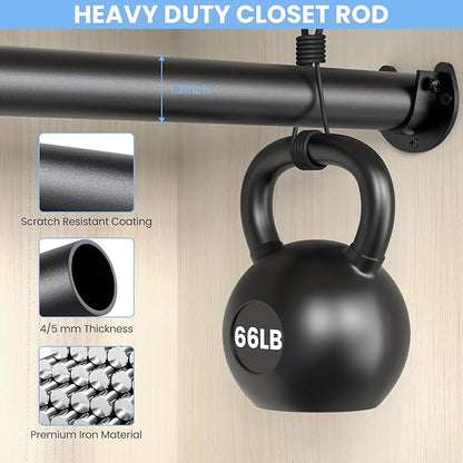 Closet Rods for Hanging Clothes, 17 to 39 Inch Stepless Adjustable Closet Rod, 1.3 Inch Diameter Metal Heavy Duty Closet Hanging Rod for Closet Wardrobes Laundry RV, Black
