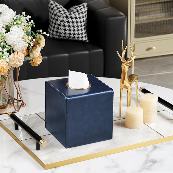 MEIBOOCH Square Tissue Box Cover, Luxury PU Leather Tissue Holder with Magnetic Closure (Navy Blue)