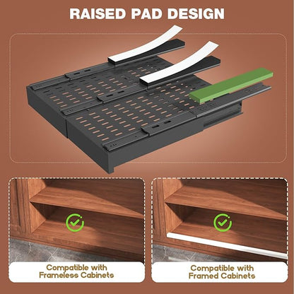 Seinloes Pull Out Cabinet Organizer,4-Side Expandable to Maximize Cabinet Space,Slide Out Drawers with 3 Rail Design,Roll Out Shelf with Raising Pad for Framed Cabinet,13"-21"W x 17"-24"D,Black,2 Pack