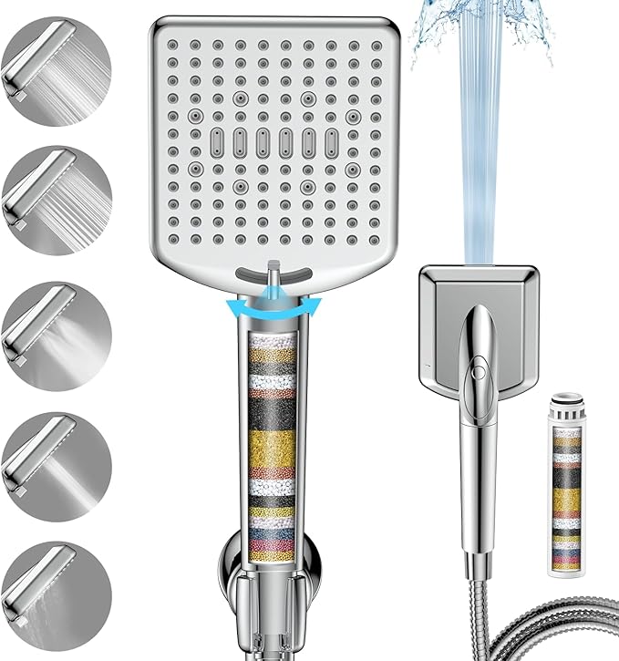 Homlord Filtered Shower Head with Handheld - High Pressure 6 Modes, 120 Anti-clog Nozzles, Detachable Showerhead with Hard Water Filters, Extra Long 6ft Hose, Power Wash Mode to Clean Bathroom, Pets