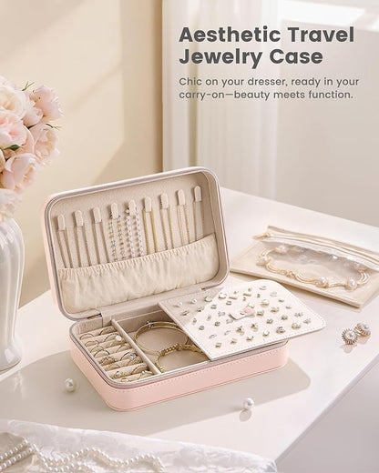 Lolalet Travel Jewelry Case for Women Girls, Travel Jewelry Organizer with Clear Storage Bag Small Portable Jewelry Box for Necklace Bracelet Earring Ring Valentines Bridesmaid Gifts -Large/Pink
