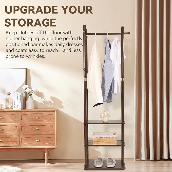 Wood Coat Rack Freestanding Clothing Rack with 3 Storage Shelves and 5 Hooks Coat Tree Heavy-Duty Garment Rack for Corner Entryways Living Rooms and Bedrooms, Walnut