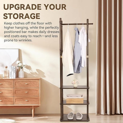 Wood Coat Rack Freestanding Clothing Rack with 3 Storage Shelves and 5 Hooks Coat Tree Heavy-Duty Garment Rack for Corner Entryways Living Rooms and Bedrooms, Walnut