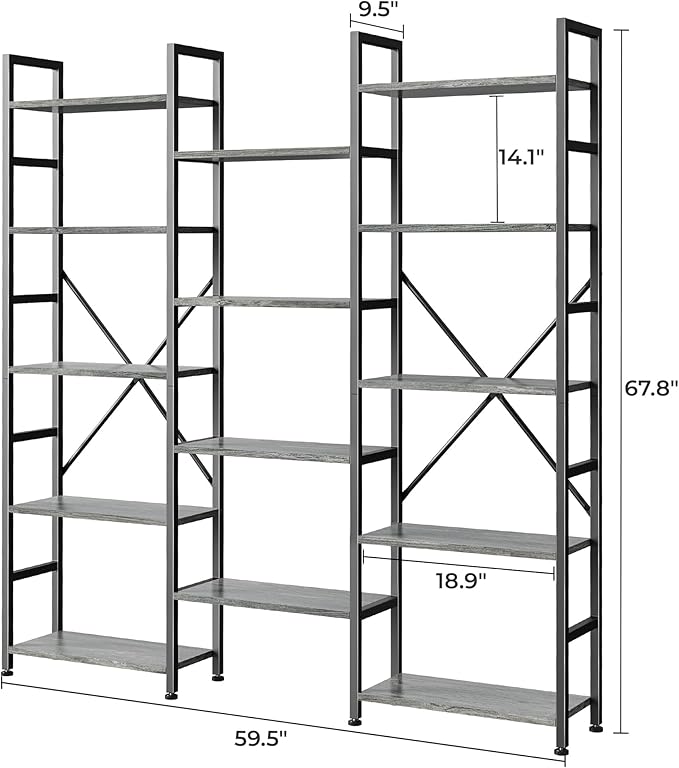 SUPERJARE Triple Bookshelf, Bookcase with 11 Open Display Shelves, Wide Book Shelf Book Case for Home & Office, 5 Tier, Grey