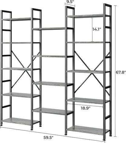 SUPERJARE Triple Bookshelf, Bookcase with 11 Open Display Shelves, Wide Book Shelf Book Case for Home & Office, 5 Tier, Grey