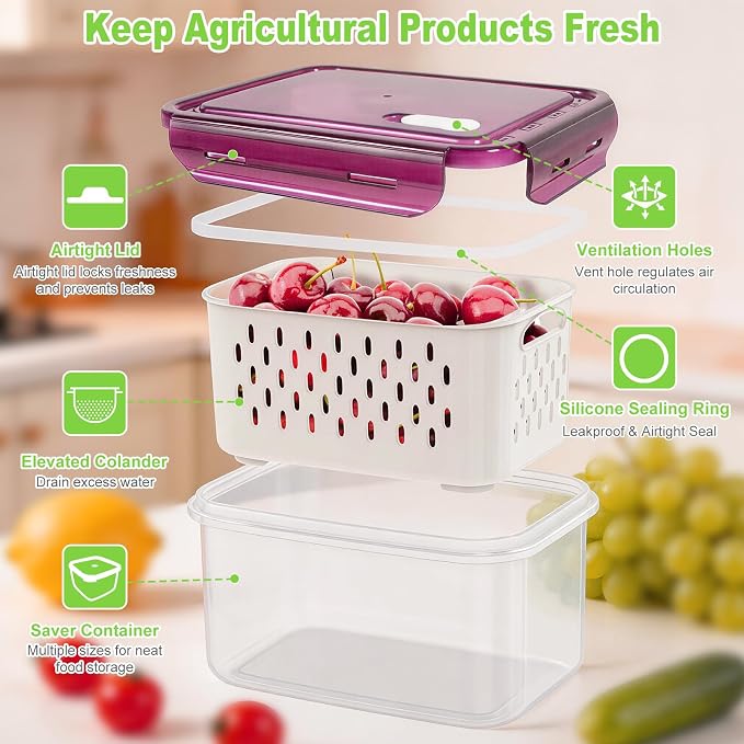 Fruit Storage Containers with Vent Holes and Colander - 4 Pack, BPA-Free Clear Plastic Food Storage Boxes with Airtight Lids for Refrigerator Fridge Vegetable Produce Organizer - Purple