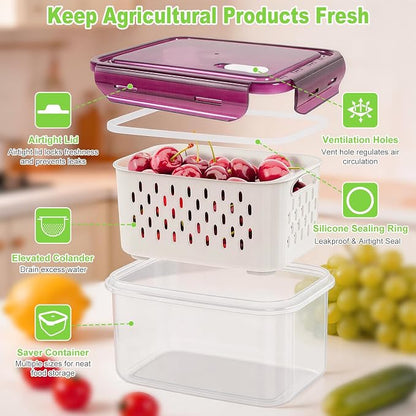 Fruit Storage Containers with Vent Holes and Colander - 4 Pack, BPA-Free Clear Plastic Food Storage Boxes with Airtight Lids for Refrigerator Fridge Vegetable Produce Organizer - Purple