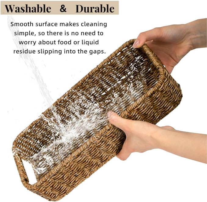 2 Pack Toilet Tank Basket, Handwoven Rectangular Wicker Shelf Baskets for Organizing, Decorative Countertop Storage Bin with Built-in Handle for Bathroom Tank Top, Bedroom Closet