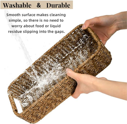2 Pack Toilet Tank Basket, Handwoven Rectangular Wicker Shelf Baskets for Organizing, Decorative Countertop Storage Bin with Built-in Handle for Bathroom Tank Top, Bedroom Closet