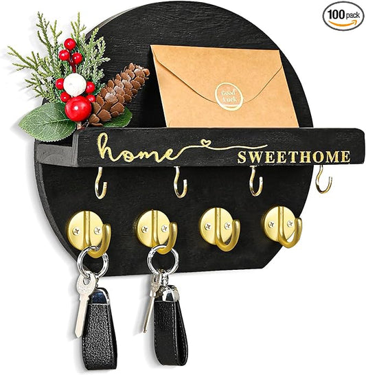 Key Holder for Wall, Key and Mail Holder Organizer - Key Holder Wall Mount with Bouquet Shelf and Key Hooks, Round Wooden Rustic Key Rack for Entryway and Home Decor (Black)