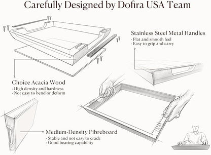 Acacia Wood Serving Tray with Metal Handles, 17x13in Large Ottoman Tray, Food Drinks Tray for Coffee Table, Breakfast, Dinner & Bar, Rustic Decorative Tray for Kitchen, Bedroom Gift Box