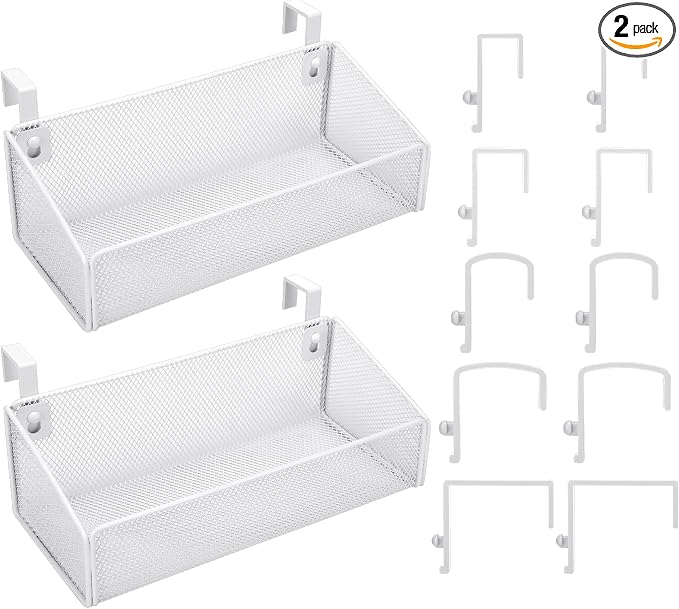 Rtteri 2 Sets Bedside Shelf Caddy Metal Hanging Storage Basket Organizer with 10 Pair 5 Different Size Hooks for Dorm Bunk Bed Bedroom for Magazine Phone Drinks(White)