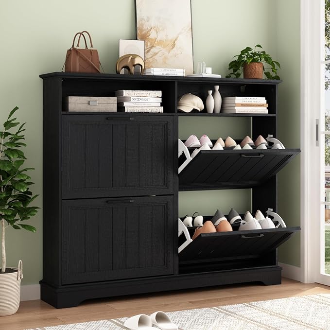 Shoe Storage Cabinet with 4 Flip Drawers, Farmhouse Modern Hidden Shoes Rack Cabinet with Adjustable Shelves & Open Storage, Narrow Slim Shoe Organizer for Front Door Entrance, Entryway, Hallway,Black