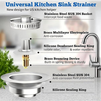 1Count 3-in-1 Kitchen Sink Drain Strainer & Stopper - SUS 304 Stainless Steel Pop Up Plug with Anti-Clog Basket & Odor Prevention, Fits US Standard 3-1/2'' Drain Hole