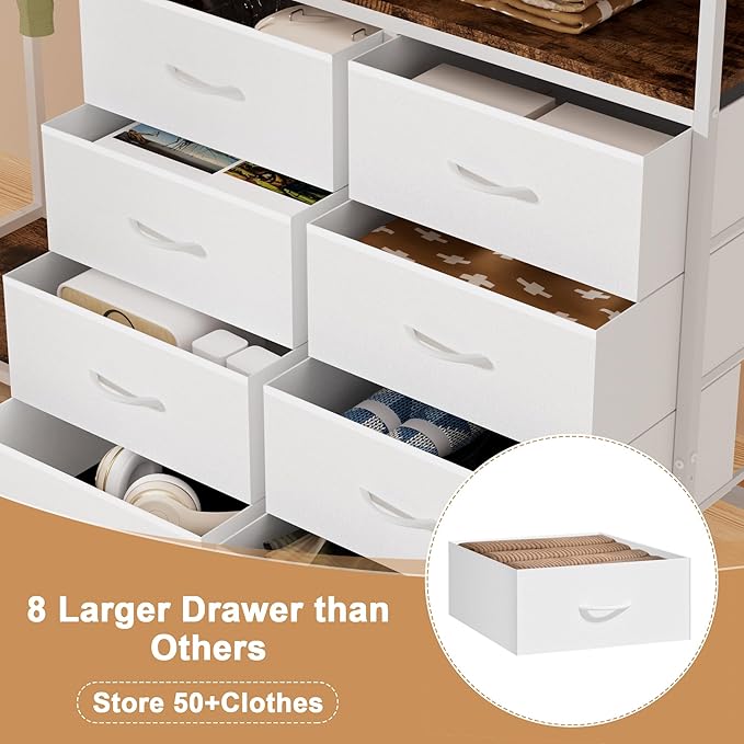 Dresser with Clothes Rack,58" H Clothing Rack with Fabric Drawers & LED Lights,Clothes Racks for Hanging Clothes,8 Drawers Dresser,Garment Rack for Bedroom with Charging Station,White