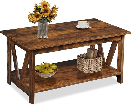 WLIVE Coffee Table with Storage Shelf, 39.4" Farmhouse Coffee Table with V-Frame Support, 2-Tier Wood Rustic Center Table for Living Room, Bedroom & Balcony, Rustic Brown