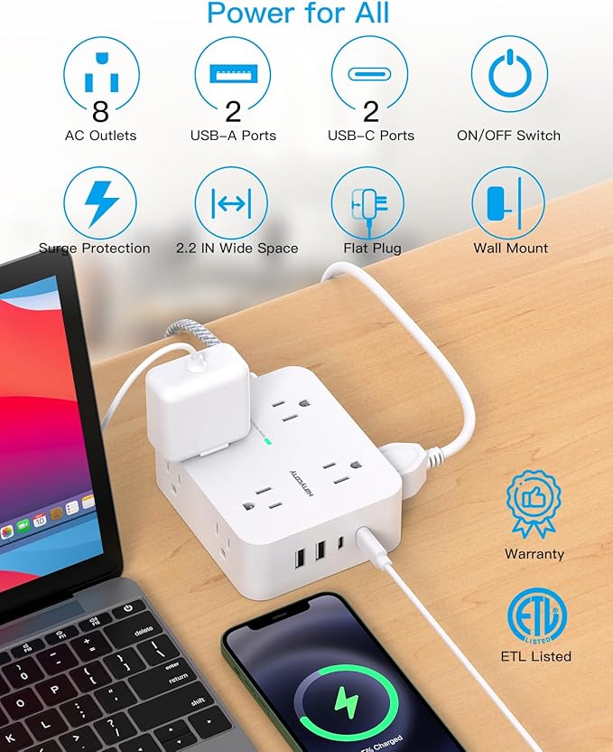 Flat Plug Extension Cord with Multiple Outlets, HANYCONY 1080J Surge Protector Power Strip with 8 AC Outlets 4 USB Ports (2 USB-C), 3-Sided Outlet Extender Ideal for Home Office Dorm Room Essentials