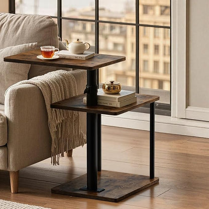360° Swivel Side Table for Height Adjustable, C Shaped End Table for Couch with Storage, 3-Tier Night Stand with Open Shelf, Tv Tray for Small Spaces, Living Room, Bedroom, Rustic Brown