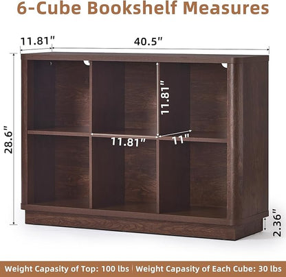 6 Cube Storage Bookcase, 40" Wide Low Horizontal Book Shelf with Curved Edge, Wood Floor Standing 2-Tier Bookshelf with Base, Farmhouse Short Book Case for Bedroom, Living Room, Office, Walnut