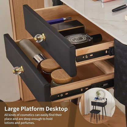Makeup Vanity with Round Mirror, Light,Two Drawers, Cushioned Stool Set.Small Dressing Table for bedrooms and Dressing Rooms.Black