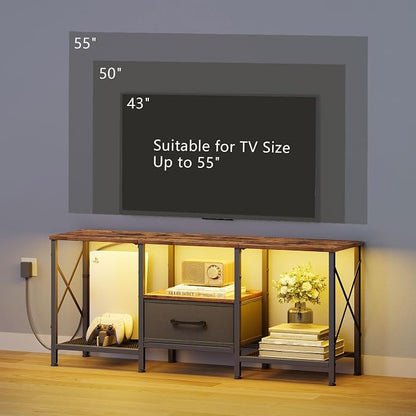 JARHETUN LED TV Stand with Fabric Drawer, Entertainment Center for 50 55 Inch TV, Industrial TV Console Table with Open Storage Shelves for Living Room, Bedroom, Rustic Brown