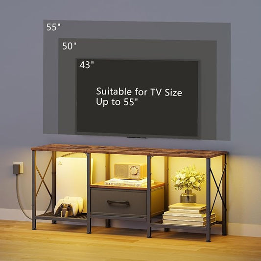 JARHETUN LED TV Stand with Fabric Drawer, Entertainment Center for 50 55 Inch TV, Industrial TV Console Table with Open Storage Shelves for Living Room, Bedroom, Rustic Brown