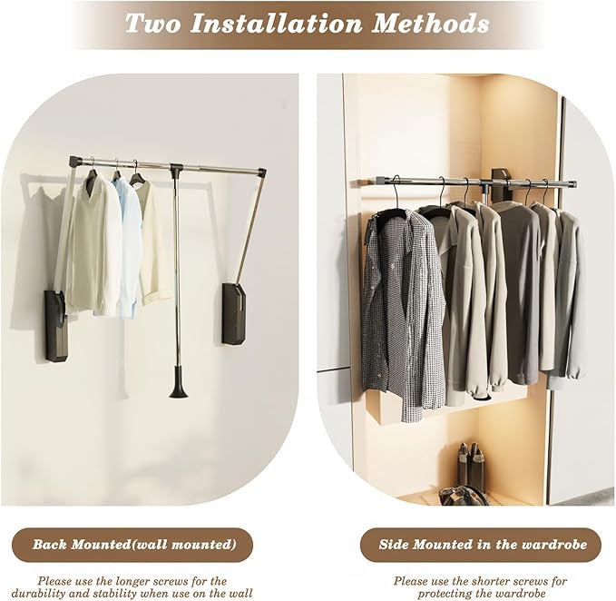 Pull Down Closet Rod Stainless Steel,35"-48" Adjustable Wardrobe Lift Rail Rod,60 lbs Load Capacity,Side & Back Mounted Closet Pole for Waredrobe & Hanging Clothes