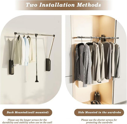 Pull Down Closet Rod Stainless Steel,35"-48" Adjustable Wardrobe Lift Rail Rod,60 lbs Load Capacity,Side & Back Mounted Closet Pole for Waredrobe & Hanging Clothes