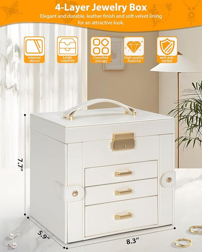 AKOZLIN 4-Tier Jewelry Box Leather Jewelry Storage Organizer with 3 Drawers Lockable for Women Girls Ring Necklace Earring Bracelet Holder with Mirror White