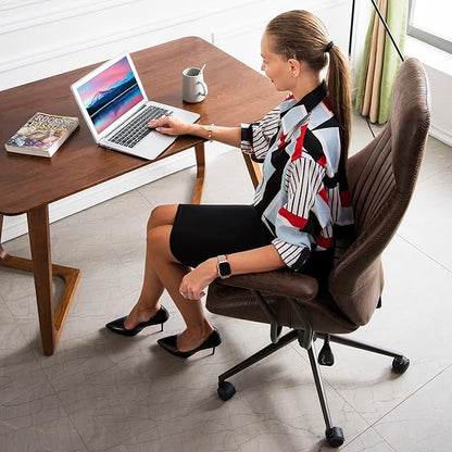 ovios Home Office Chair, Mid-Century Modern Faux Suede Leather Ergonomic Chairs, High Back Comfy Computer Swivel Rolling Task Executive Armchair, Dark Brown