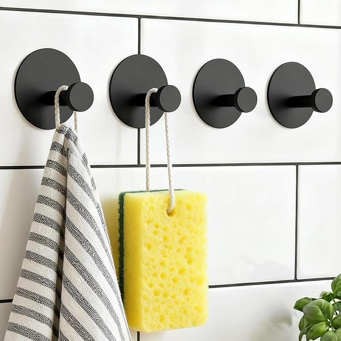 Towel Hooks for Bathroom (4 Pack) Adhesive Towel Hook Shower Hooks for Inside Shower - Sticky Bathroom Wall Hooks for Hanging Towels, Robe, Loofah, Bath Sponge (Style 2 - Black)