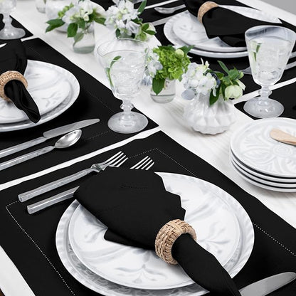 Solino Home Linen Placemats Set of 4 - Classic Hemstitch Black Placemats 14 x 19 Inch - 100% Pure Linen Table Mats for Winter, Spring, Easter