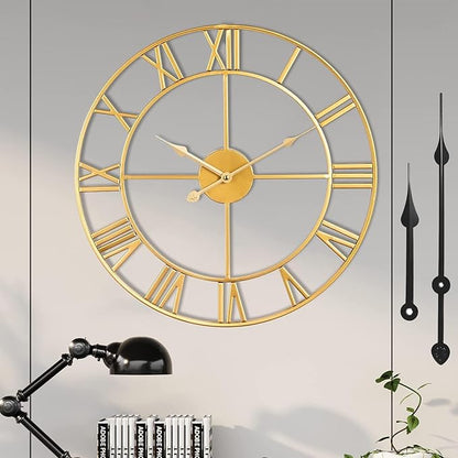 Vintage Retro Roman Numerals Metal Gold Large Wall Clock - 24 Inch Silent Non-Ticking Decorative, Battery Operated for Farmhouse, Kitchen, Bedroom