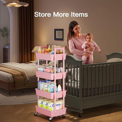 Pipishell 4-Tier Rolling Cart, Plastic Cart with Lockable Wheels & Reinforced Handle, Lightweight Utility Storage for Nursery, Bathroom, Craft Room, Pink