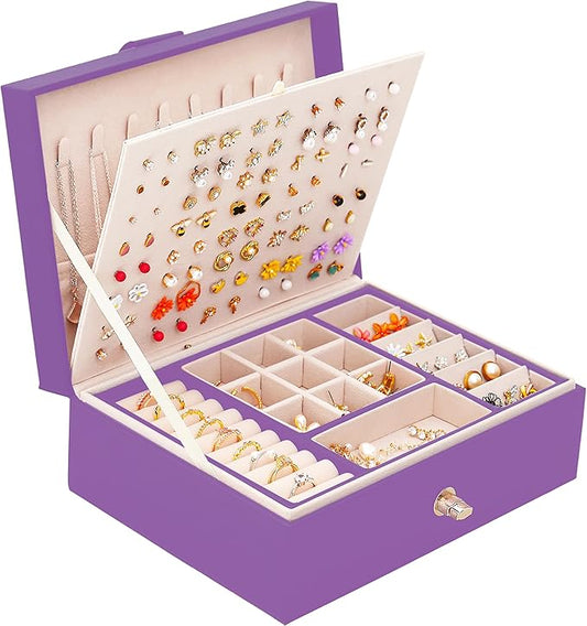QBestry Girls Jewelry Box for Earrings Jewelry Organizer Box Teen Girls Earrings Organizer Jewelry Box with Earring Holder Organizer Stud Earring Box for Girls Womens Jewelry Case Organizer Purple