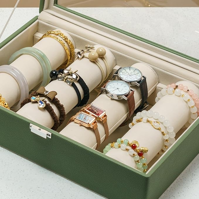 Bracelets Organizer Rods Bangles Display Holder, Clear See through Lid Leather Velvet Jewelry Storage Box Case for Women, 4 Rods Green Leather