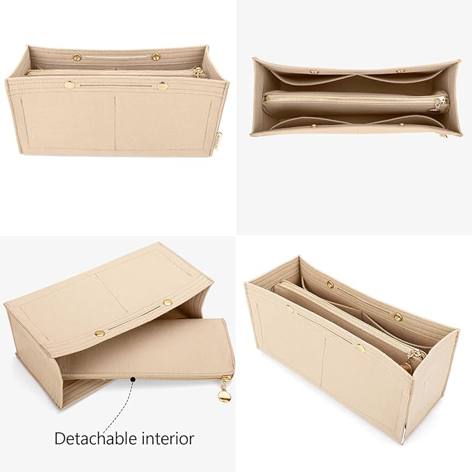 LEXSION Felt Purse Organizer Insert,Handbag Organizer with Detachalbe Zipper Pocket for ONTHEGO MM,3 Size 8034 Beige Medium