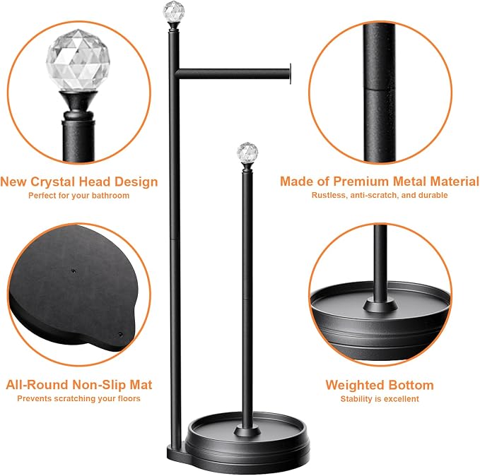 KASUNTO Toilet Paper Holder for Bathroom, Heavy Weighted Metal Free Standing Toilet Paper Holder Stand with Crystal Ball, Toilet Paper Roll Stand for Bathroom Accessories (Matte Black)