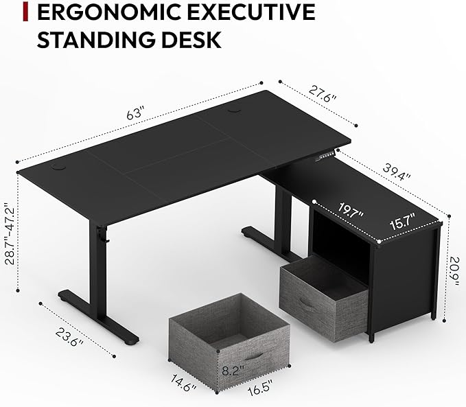 SANODESK 63'' L Shaped Standing Desk with 2-Drawer File Cabinet, Electric Height Adjustable Stand up Desk w/USB Charge Ports, Home Office Modern Wood Computer Desk with Shelves,Black Frame/Black Top
